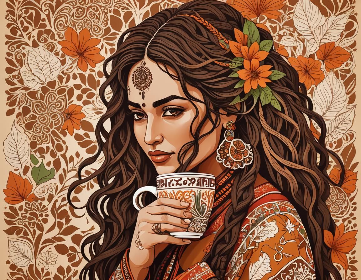 Pakistani Woman with Coffee: Paper Cut Art