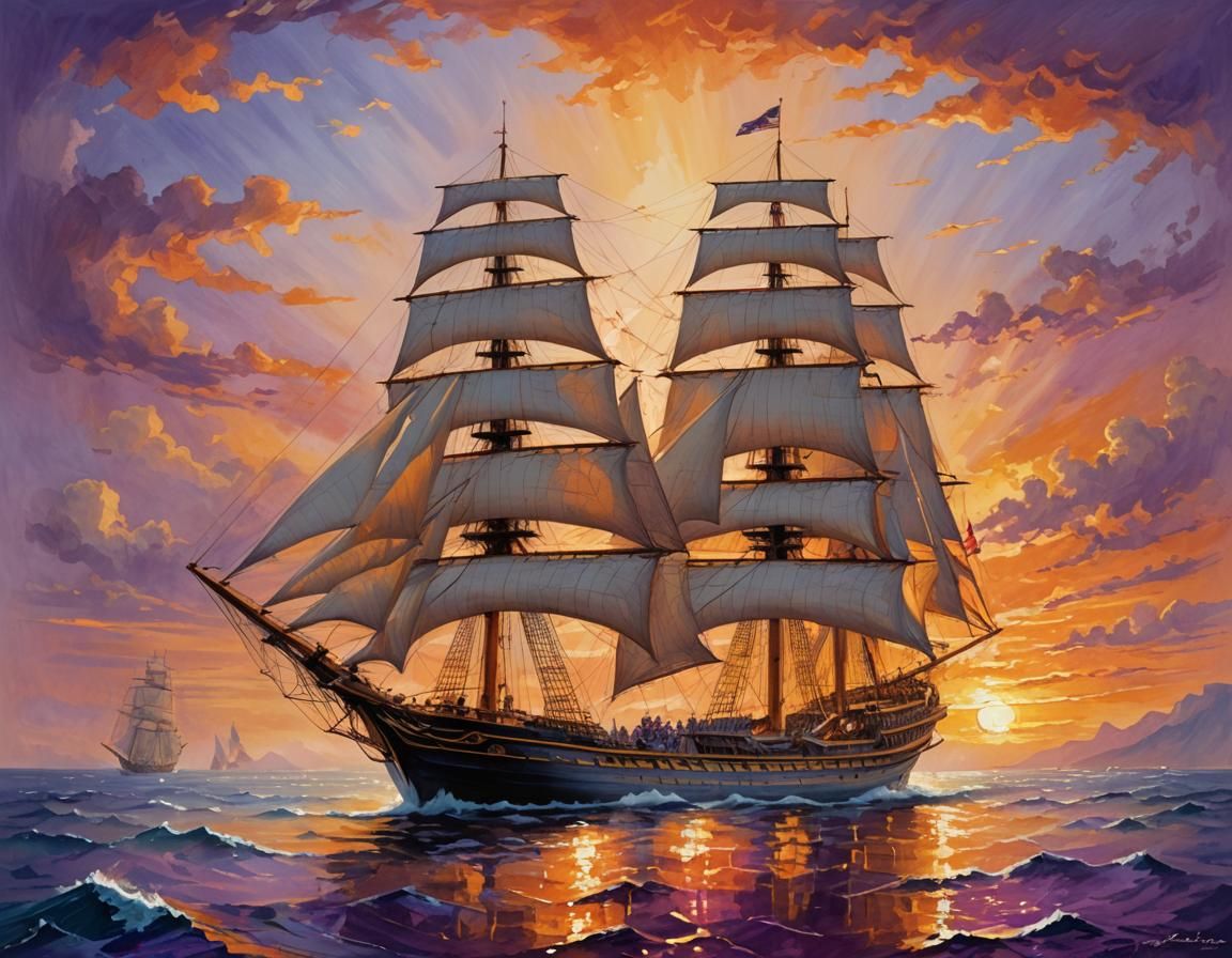 Sailing Ship at Sunset in Impressionistic Style