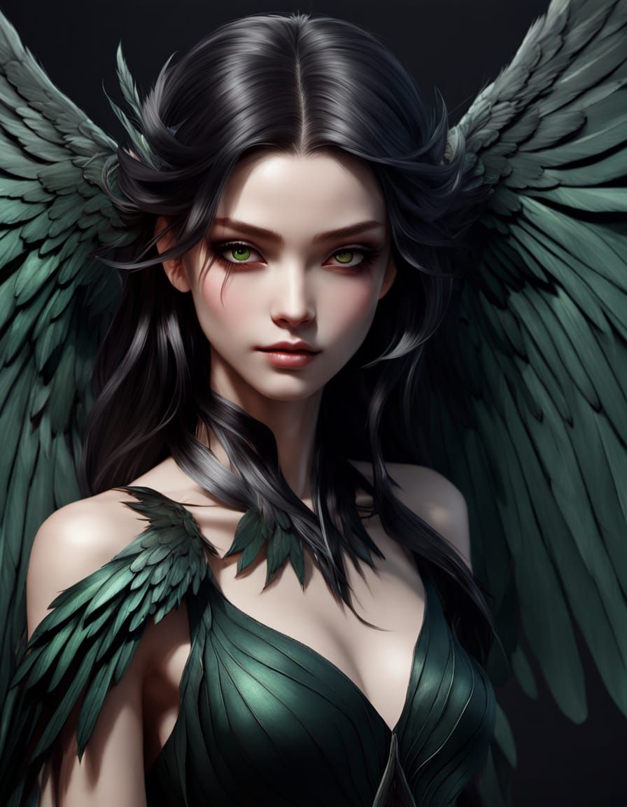 Winged Anime Goddess with Vibrant Green Veins
