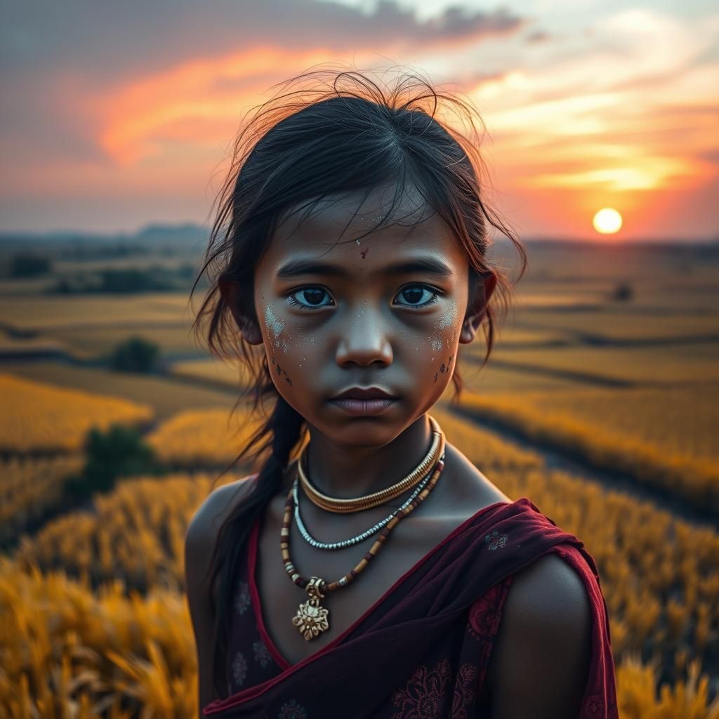 Burmese Girl in Golden Rice Field at Sunset