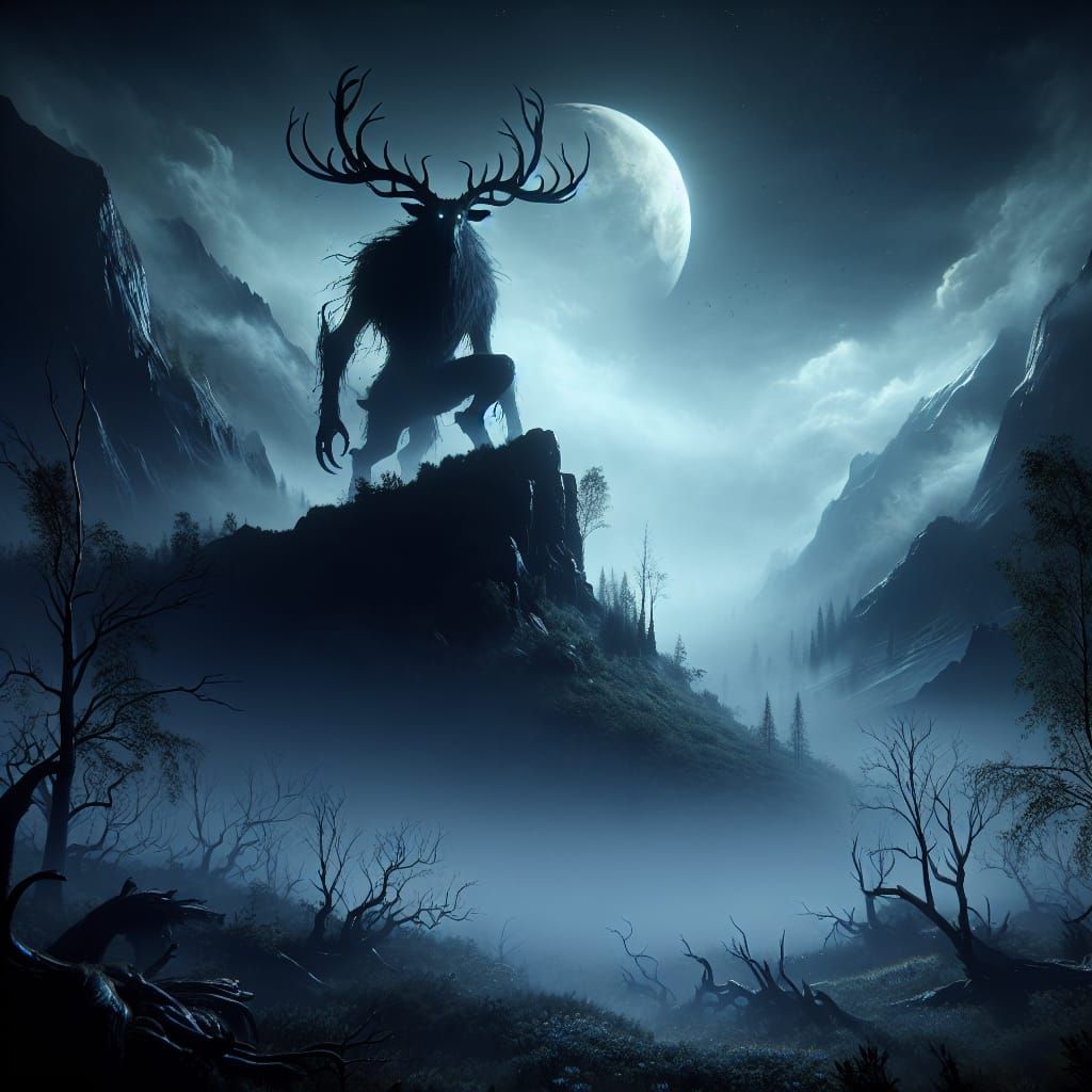 Monstrous Deer Silhouette on Foggy Hill