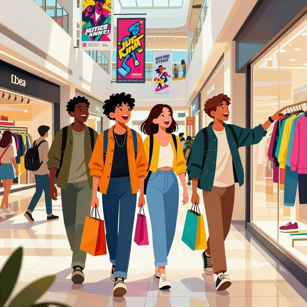 Stylish Teenagers Laughing in a Vibrant Sunlit Mall