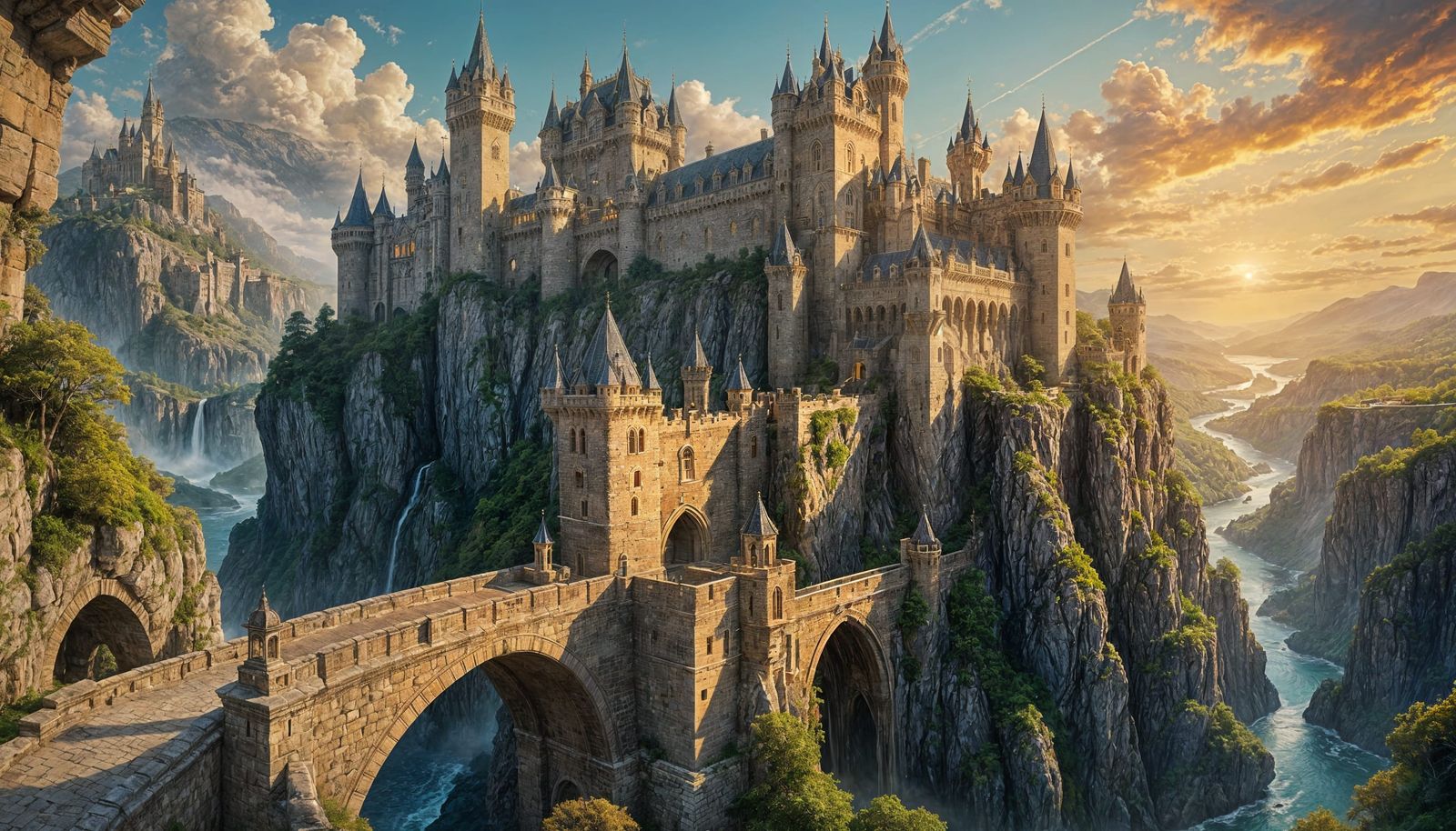 Majestic Castle on Cliffside with Stone Bridge