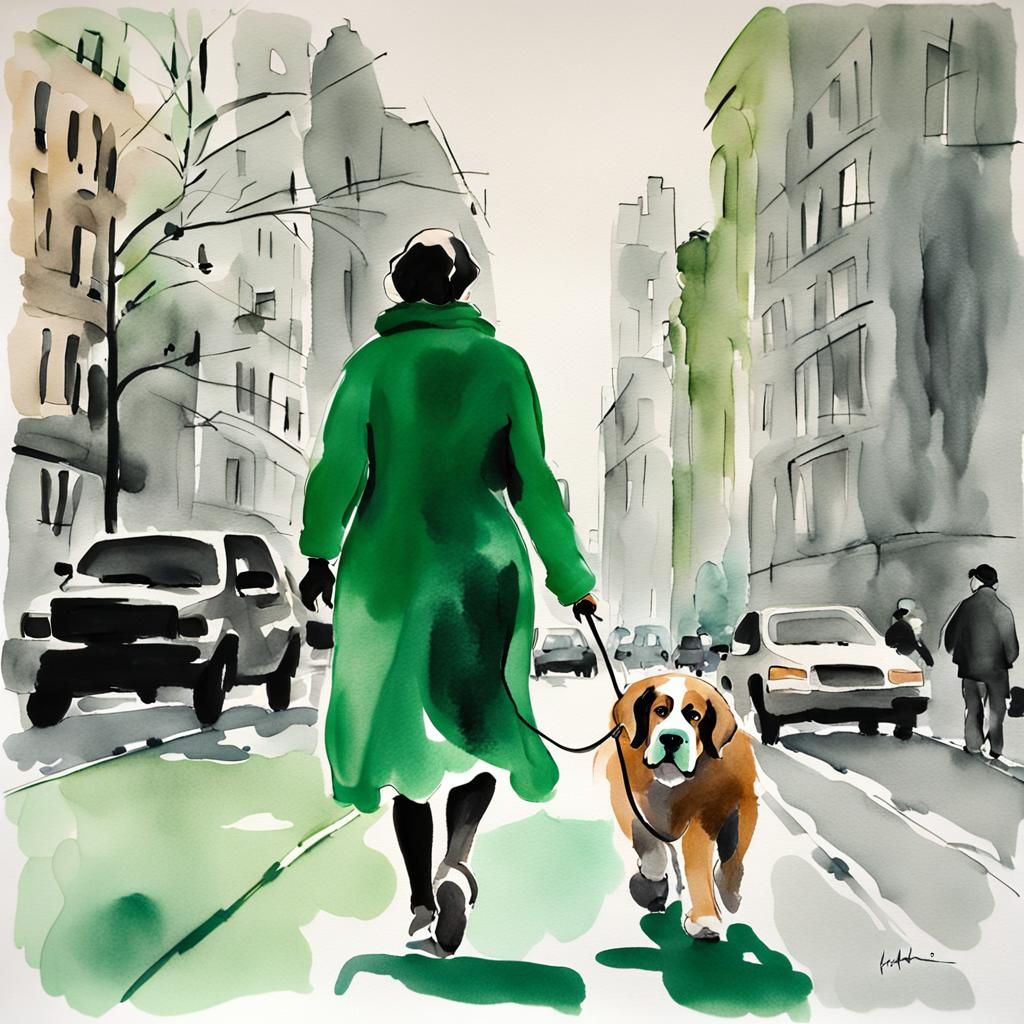 Woman Walking St. Bernard in New York: Ink Wash Art