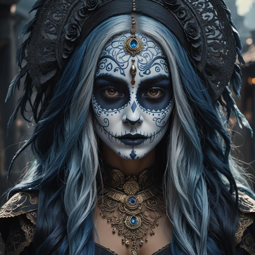Indian Woman in Catrina Costume, Dark Fantasy Art