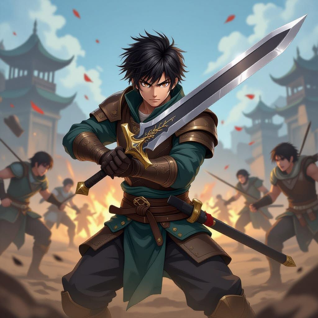 Anime Warrior Wielding Sword on Battlefield