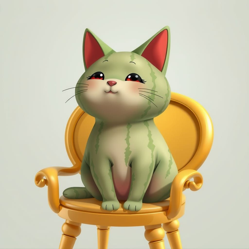 Watermelon Cat on Golden Chair Cartoon