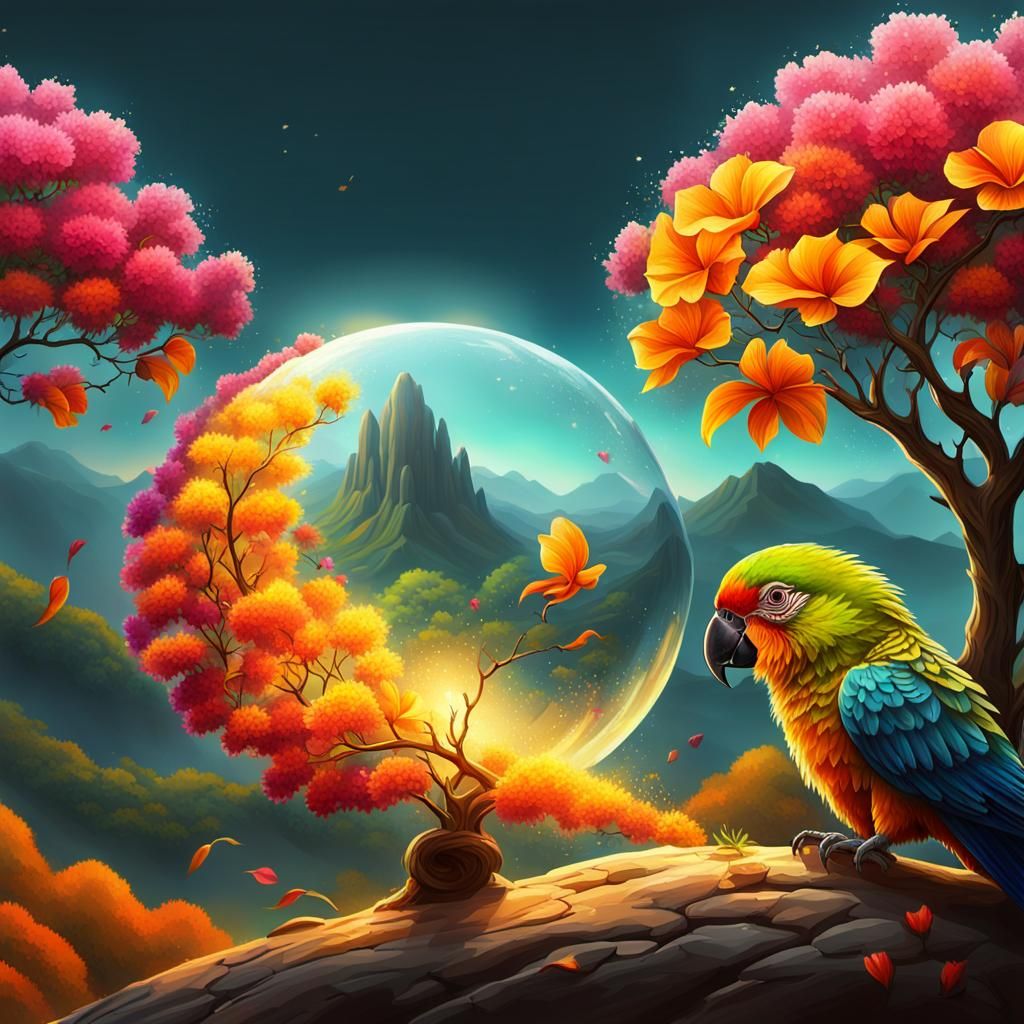 Vibrant Bhil Art of Parrot and Bougainvillea