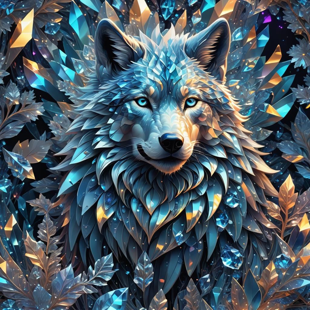 Iridescent Crystal Ice Magic Wolf: Neon Fantasy Art