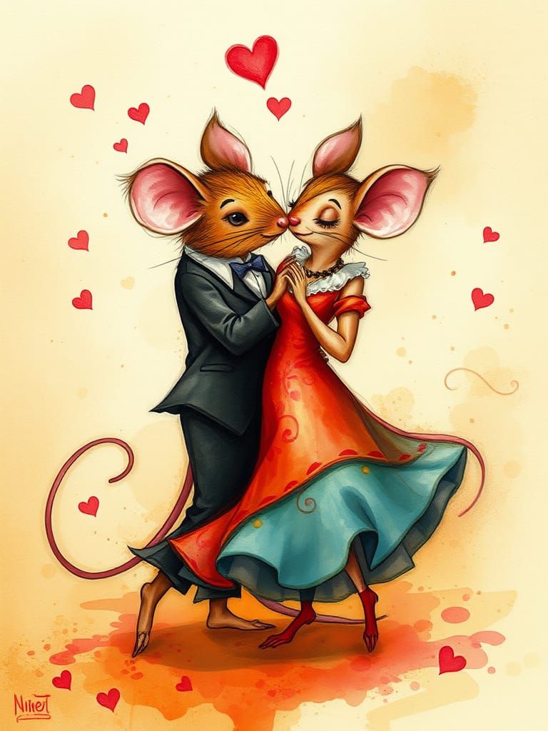 Whimsical Tango Mice Embracing Passion in Dreamy Watercolour...