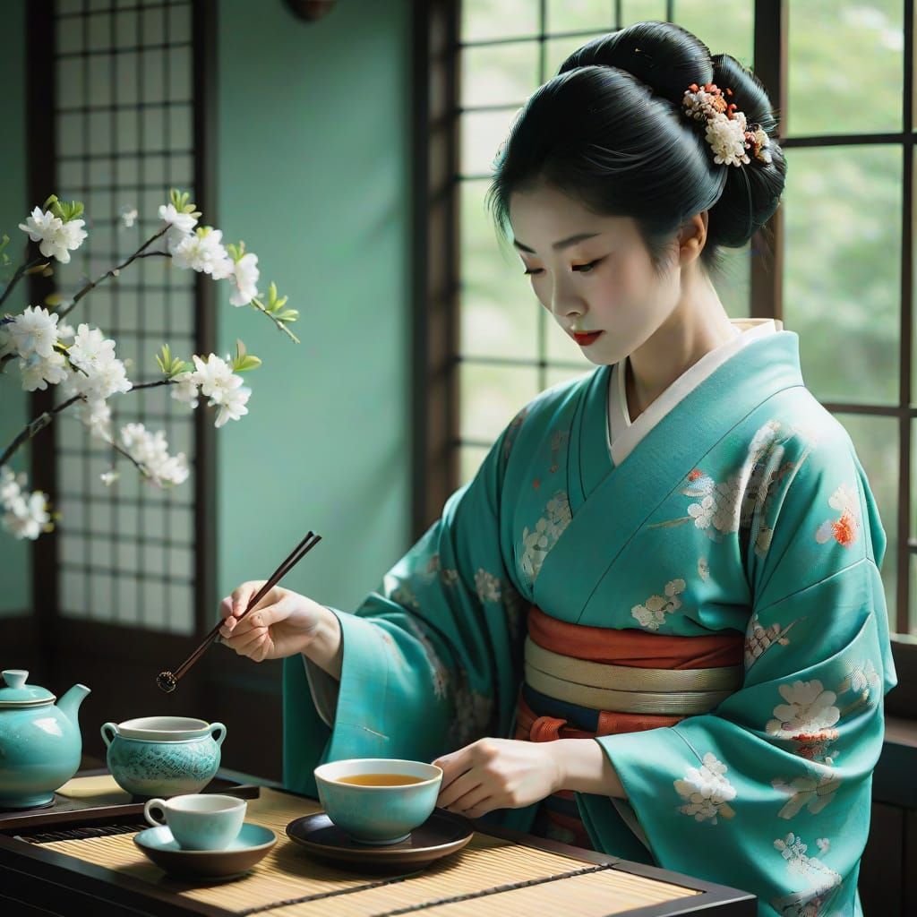 Serene Geisha in a Traditional Japanese Tea Room