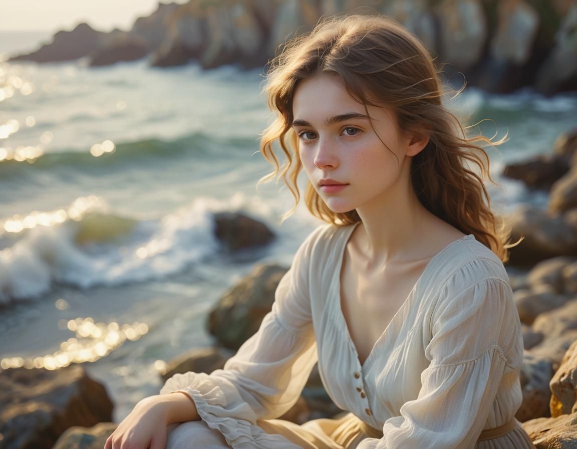 Romantic Portrait of Woman in Impressionist Seascape