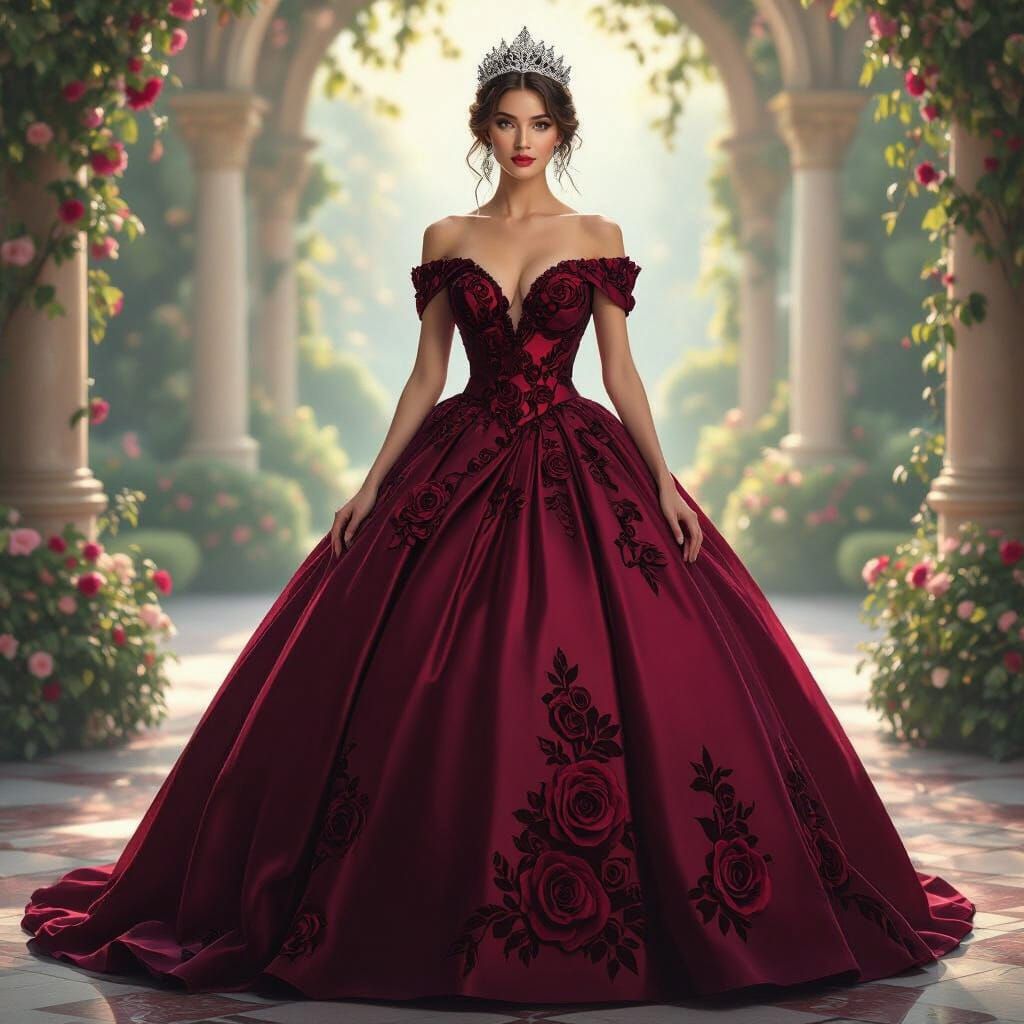 Elegant Woman in Wine Red Gown with Roses and Tiara