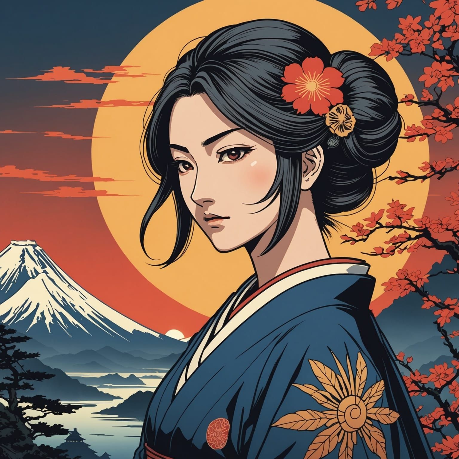 Ukiyo-e Rising Sun in Anime Style