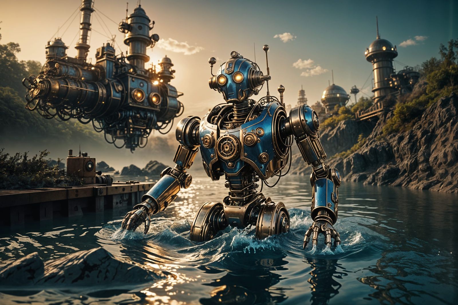 Futuristic Steampunk Robot Swimming Upriver