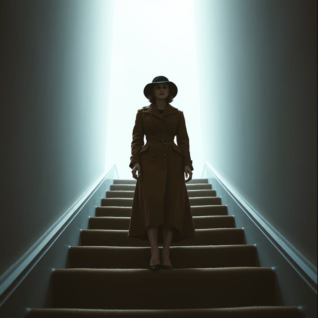 Vertigo Inspired Woman at Staircase in Surreal Scene