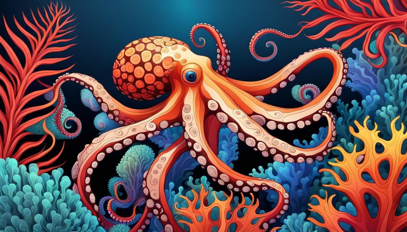 Abstract Zentangle Octopus in Coral Reef