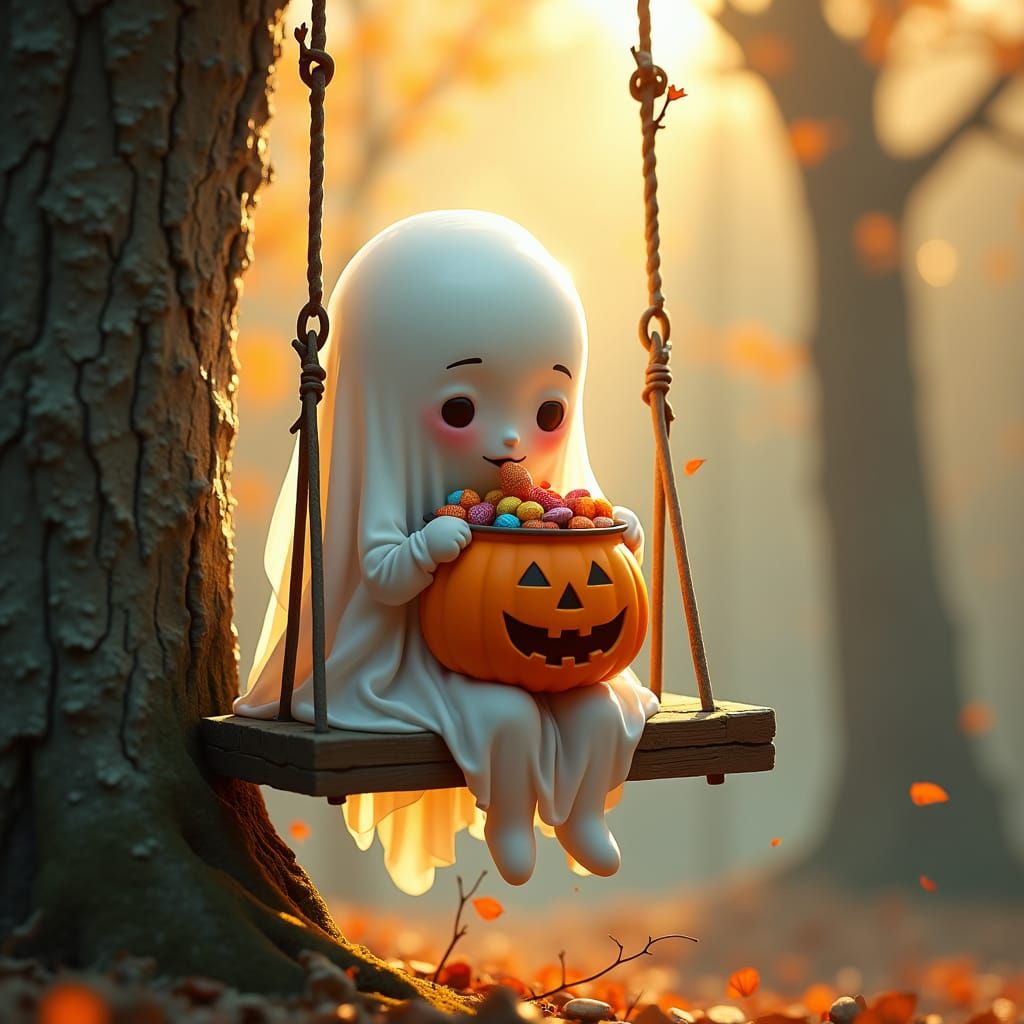 Melancholic Ghost Celebrates Halloween in Whimsical Style