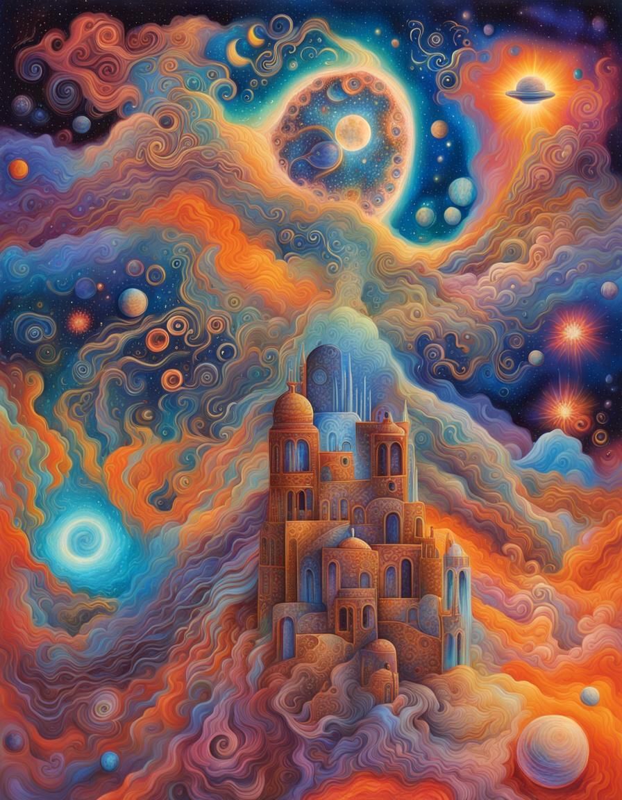 Astral Figure in Cosmic Dreamscape: Mixed Media Art