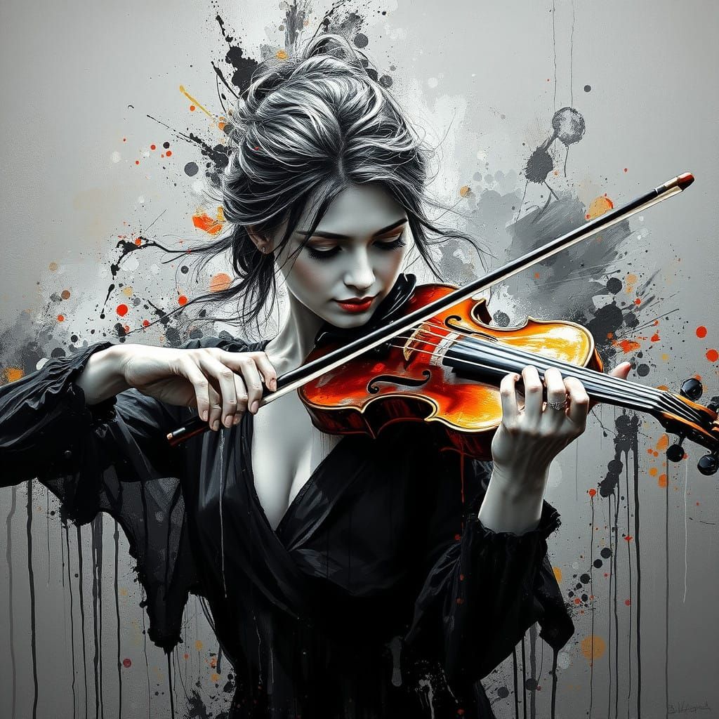 Portrait woman playing violin, Speed_paint_with_large_brush_strokes_and paint splatter by Jeremy Mann,