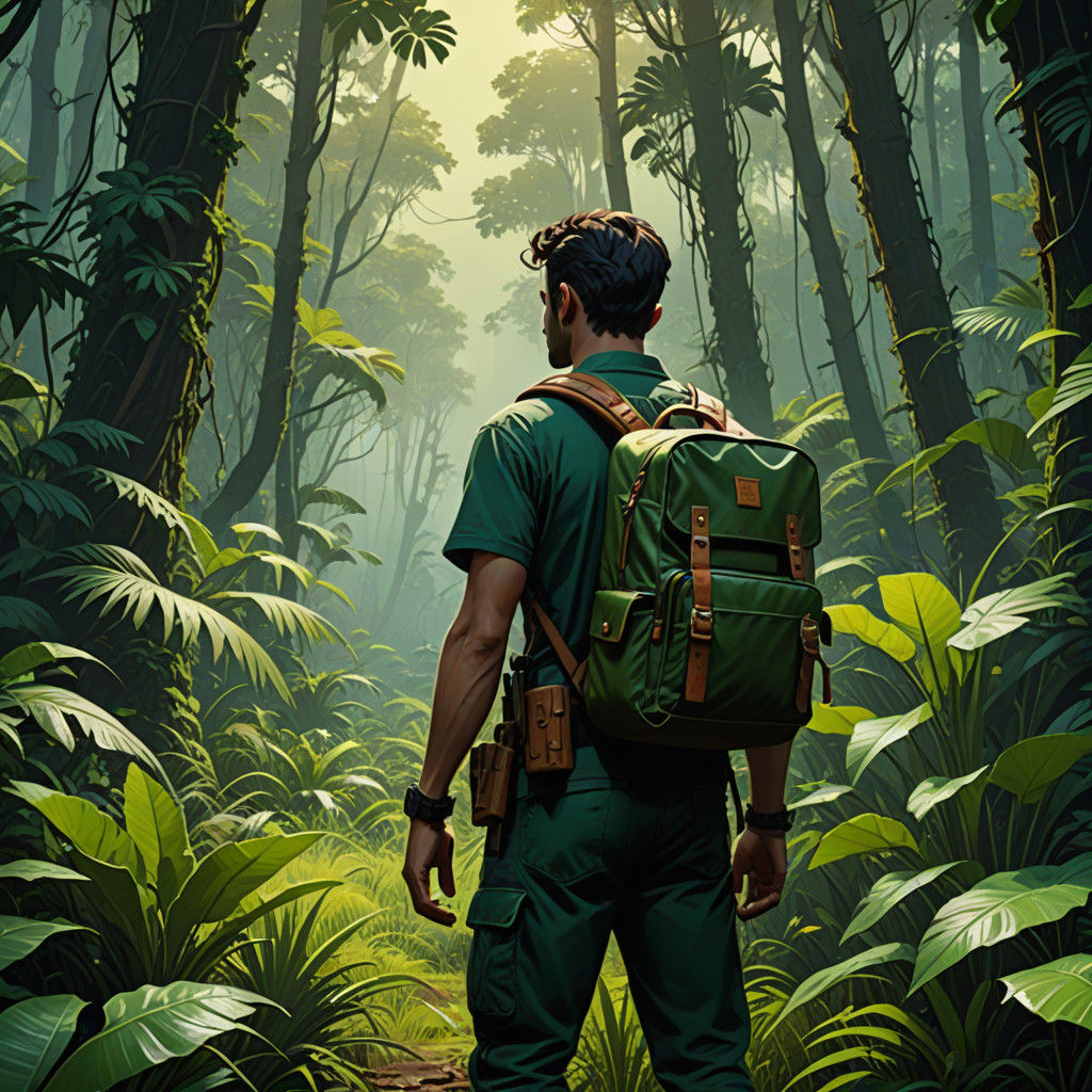 Young Adventurer Battles Jungle Foliage in a Gritty, Detaile...