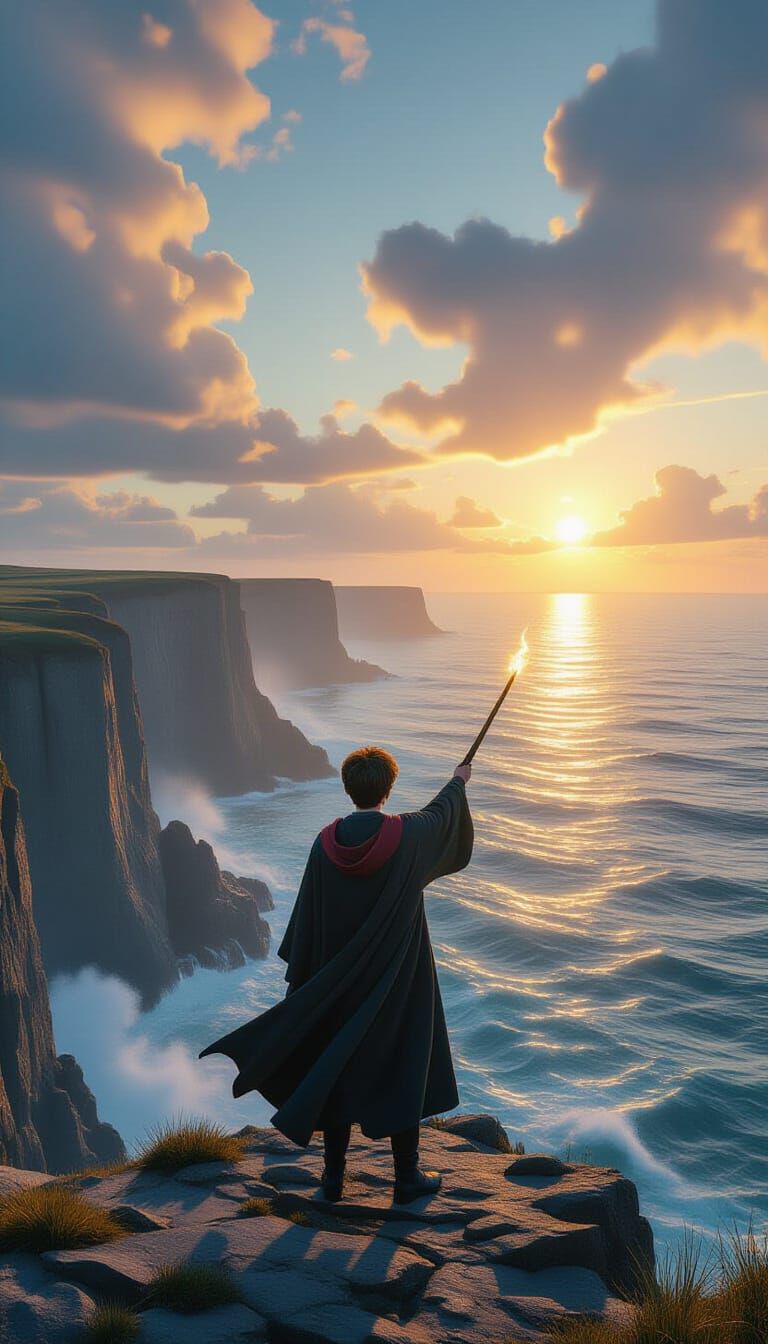 Wizard Casting Magic on Dreamlike Coastline, Surreal Art