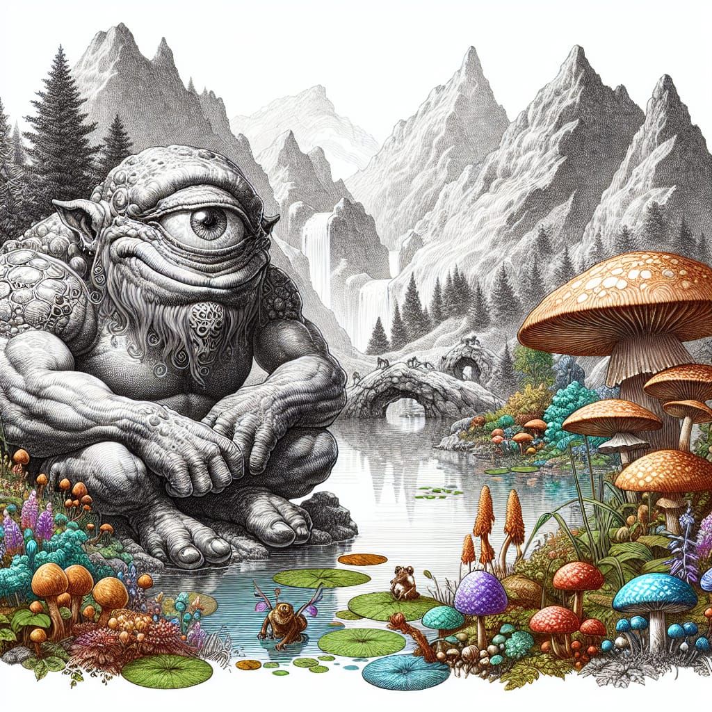Majestic Cyclops by Serene Mountain Pond in Fantasy Art Styl...