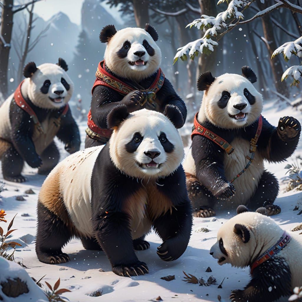 Cute Pandas in Snowy Wonderland