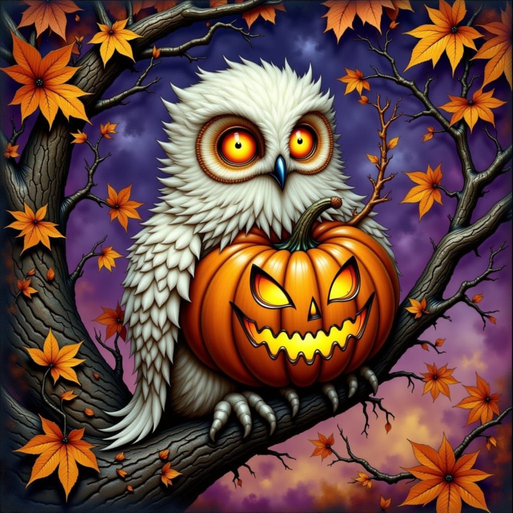 Whimsical Halloween Owl Jack-o'-Lantern Hybrid Creature