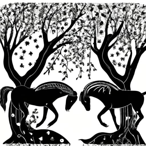 Black Unicorns Beneath Weeping Willow Tree