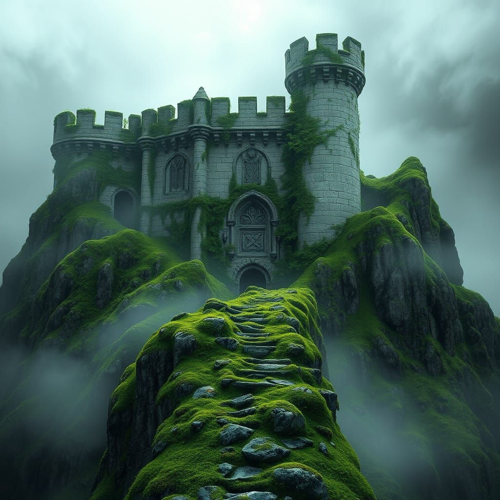 Ancient Fortress Enshrouded in Emerald Moss and Vines