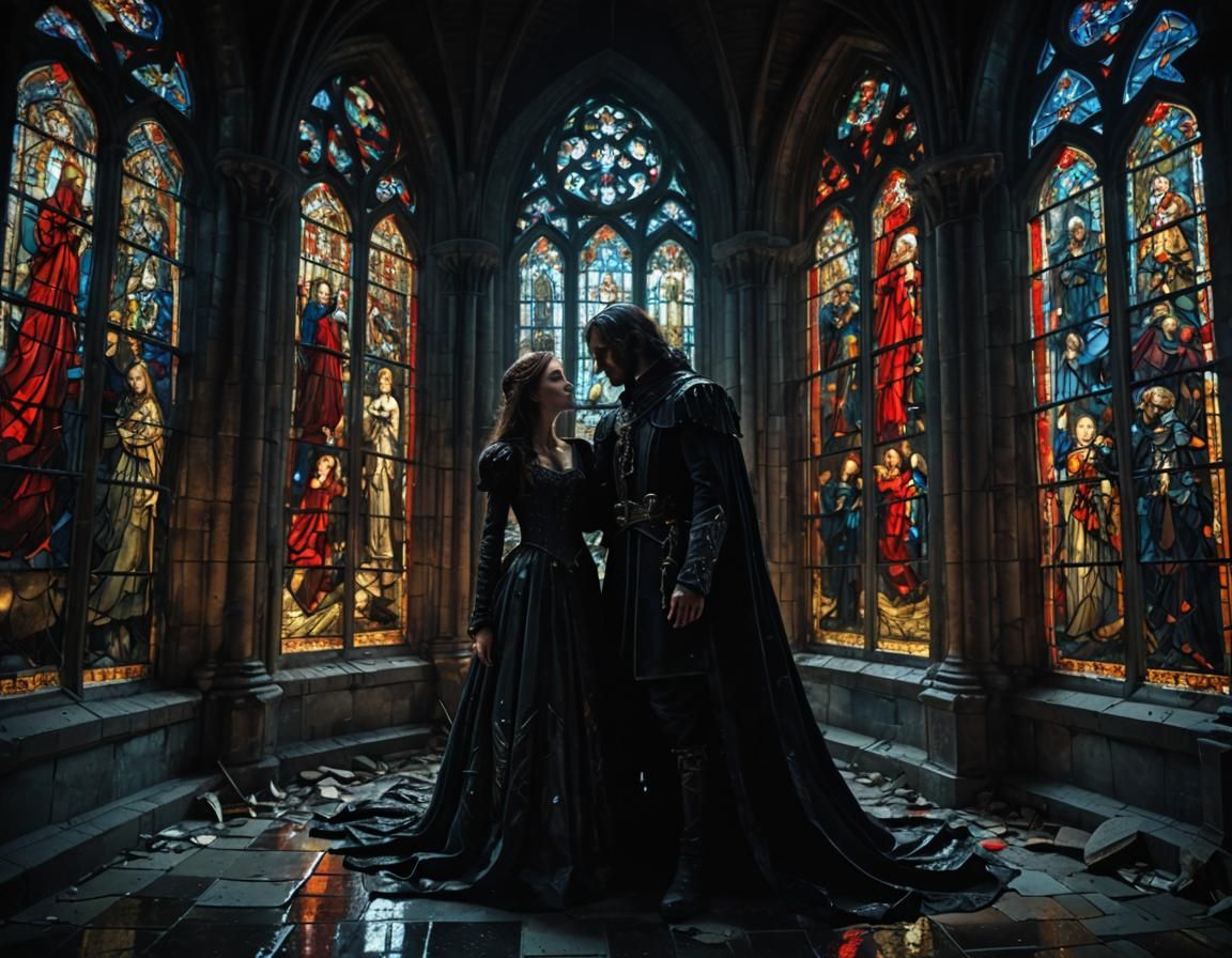 Prince and Princess Embrace in Gothic Stained Glass