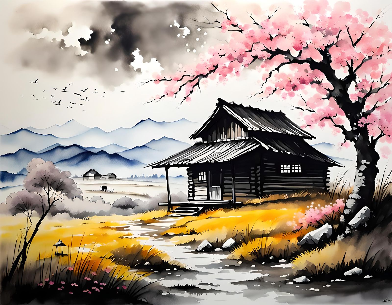 Cabin in Sakura Savannah: Ink Painting