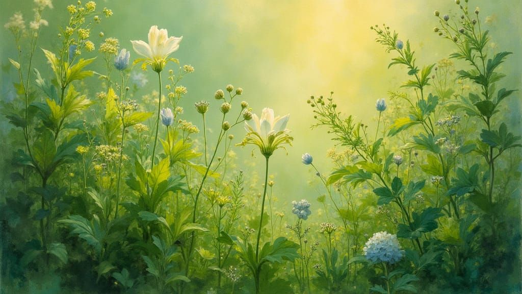 Impressionist Foliage with Green Tendrils and Petals