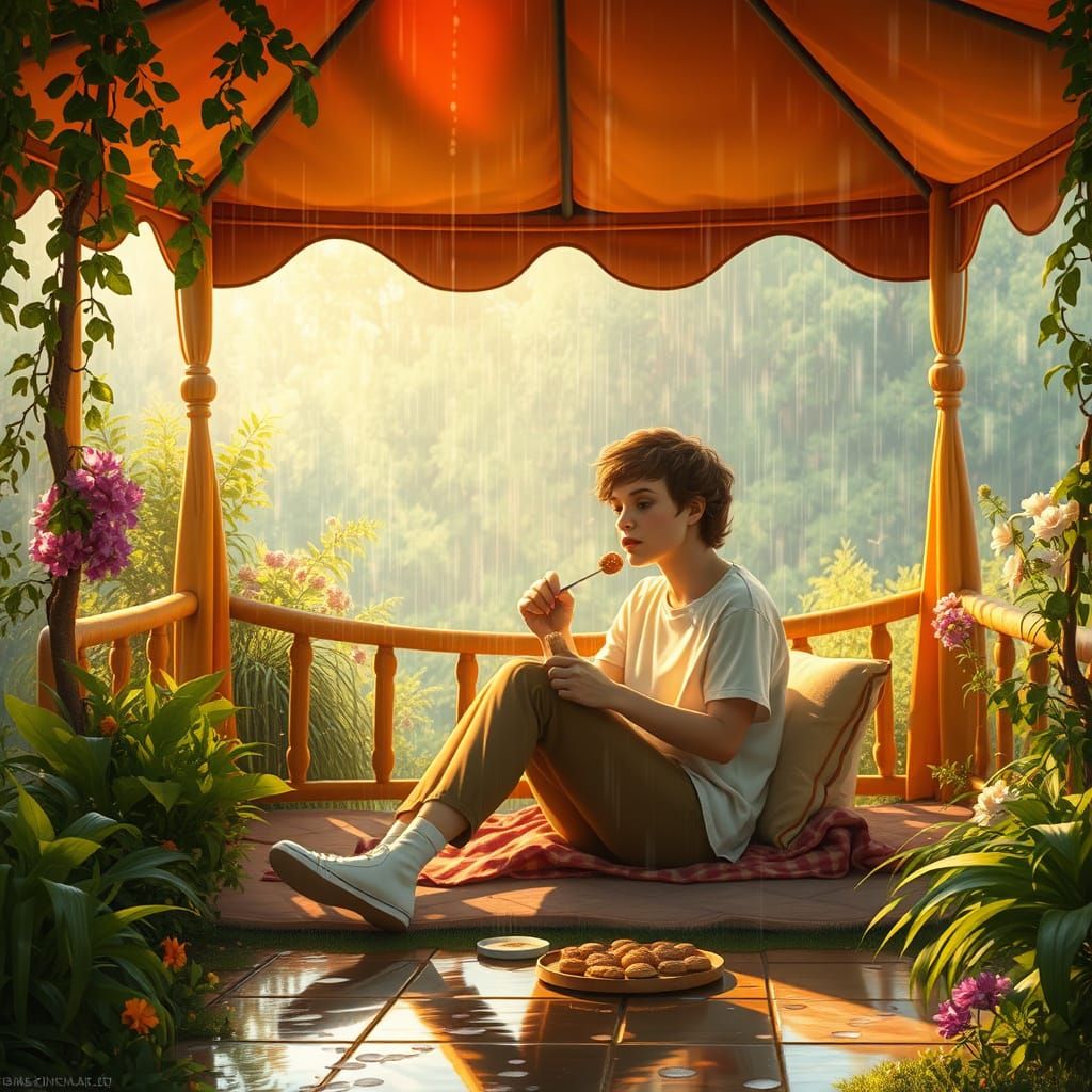 Cozy Gazebo Scene in Summer Rain