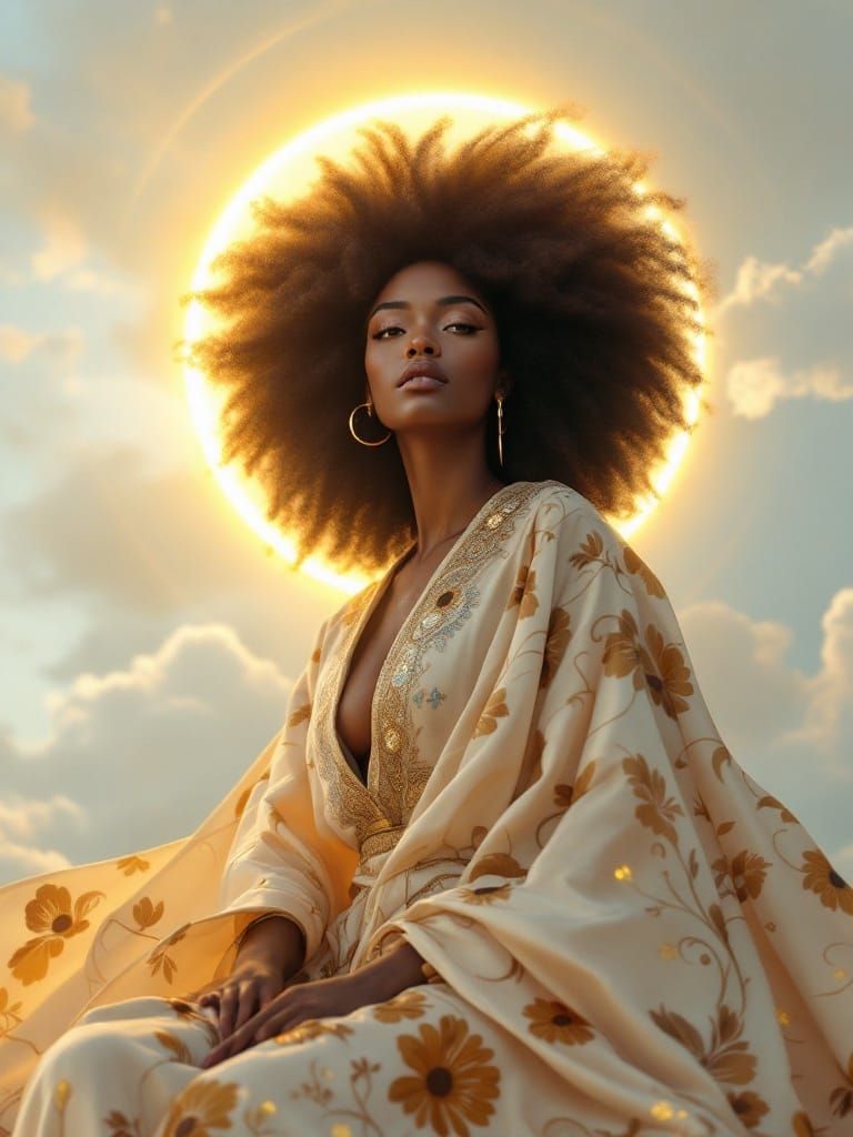 Afrofuturistic Sky Queen with Luxuriant Cloud Hair and Golde...