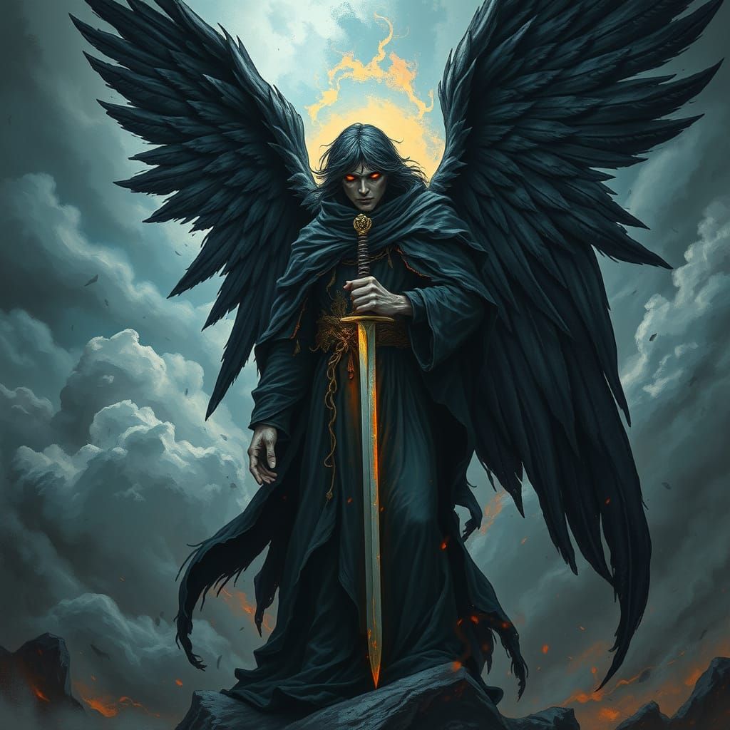 Dark-Winged Samael in Storm Clouds, Mystical Digital Art