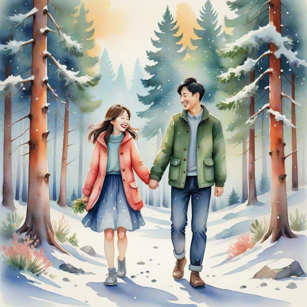 Whimsical Watercolor Korean Couple in Snowy Pine Forest