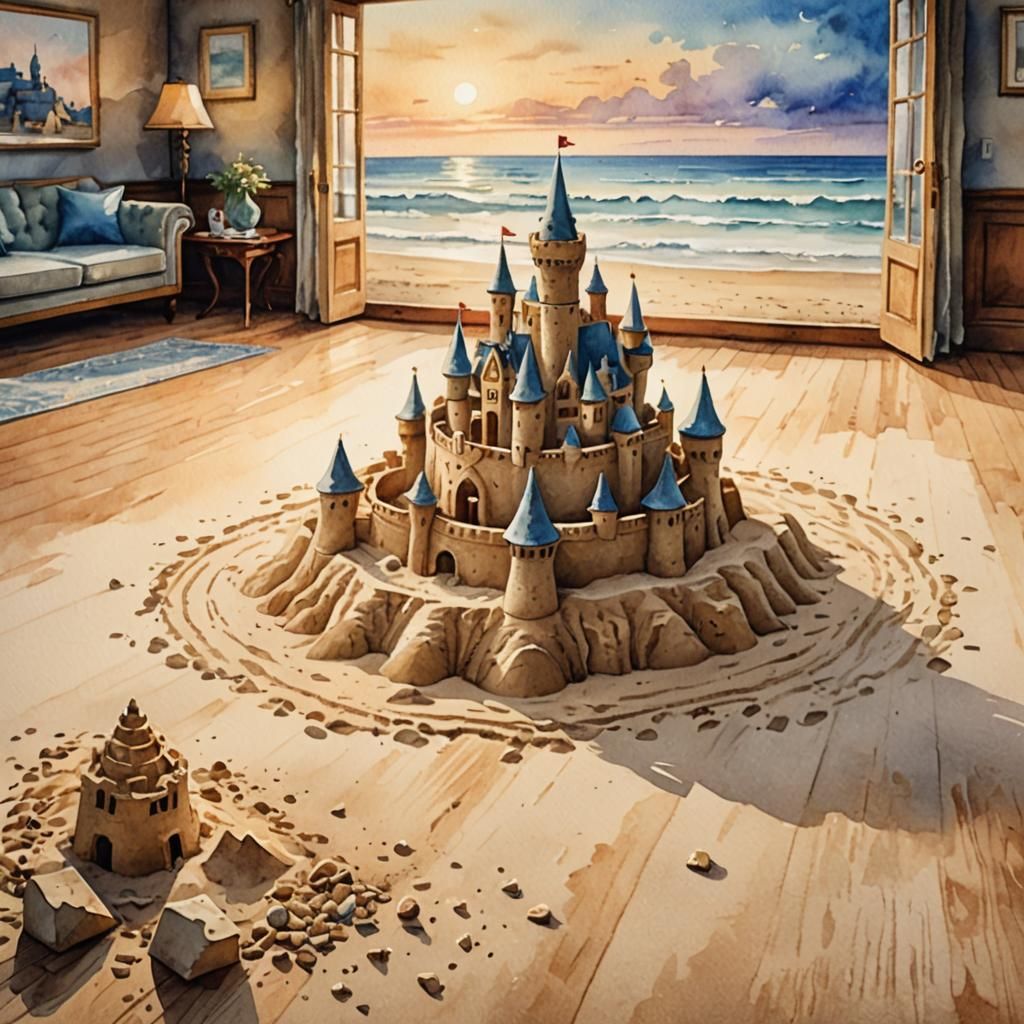 Elegant Sandcastle by Coffee Table in Romantic Watercolor