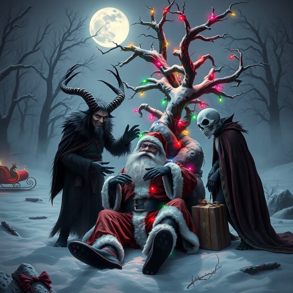 Mischievous Holiday Icons in Dark, Mystic Attire