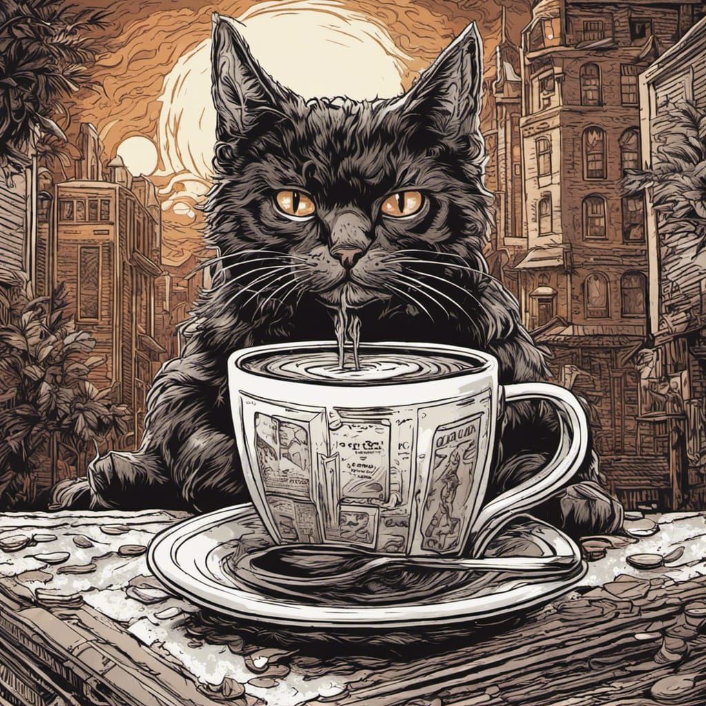 Cat Coffee Crochet Art in Comic Book Style