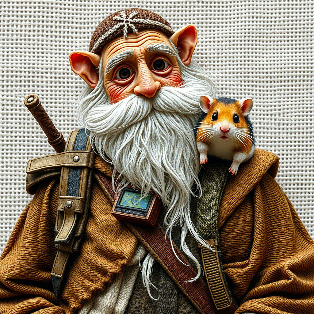 Hamster Guides Wizard in Embroidered Tapestry Style