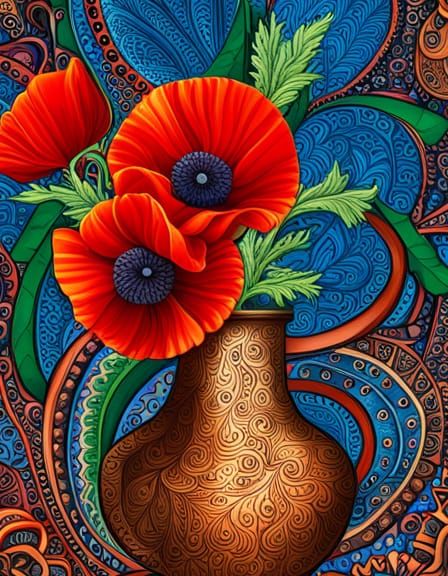 Poppy, Daisy, Sunflower Still Life in Pop Art Style