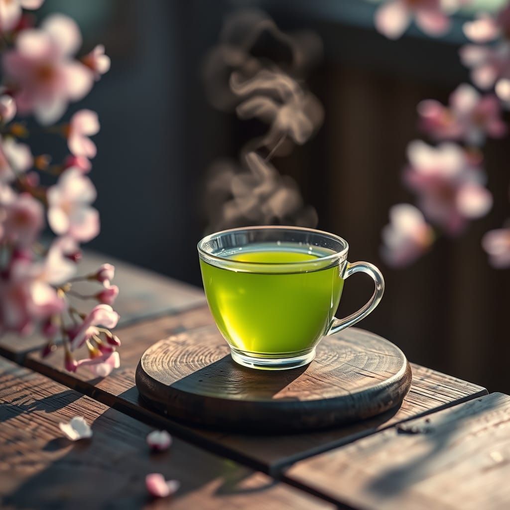 Green Tea with Cherry Blossoms: Photorealistic Still Life