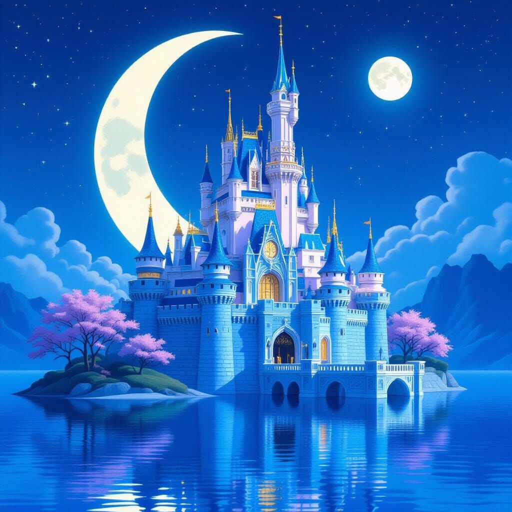 Floating Ice-Blue Castle City Under Moonlight