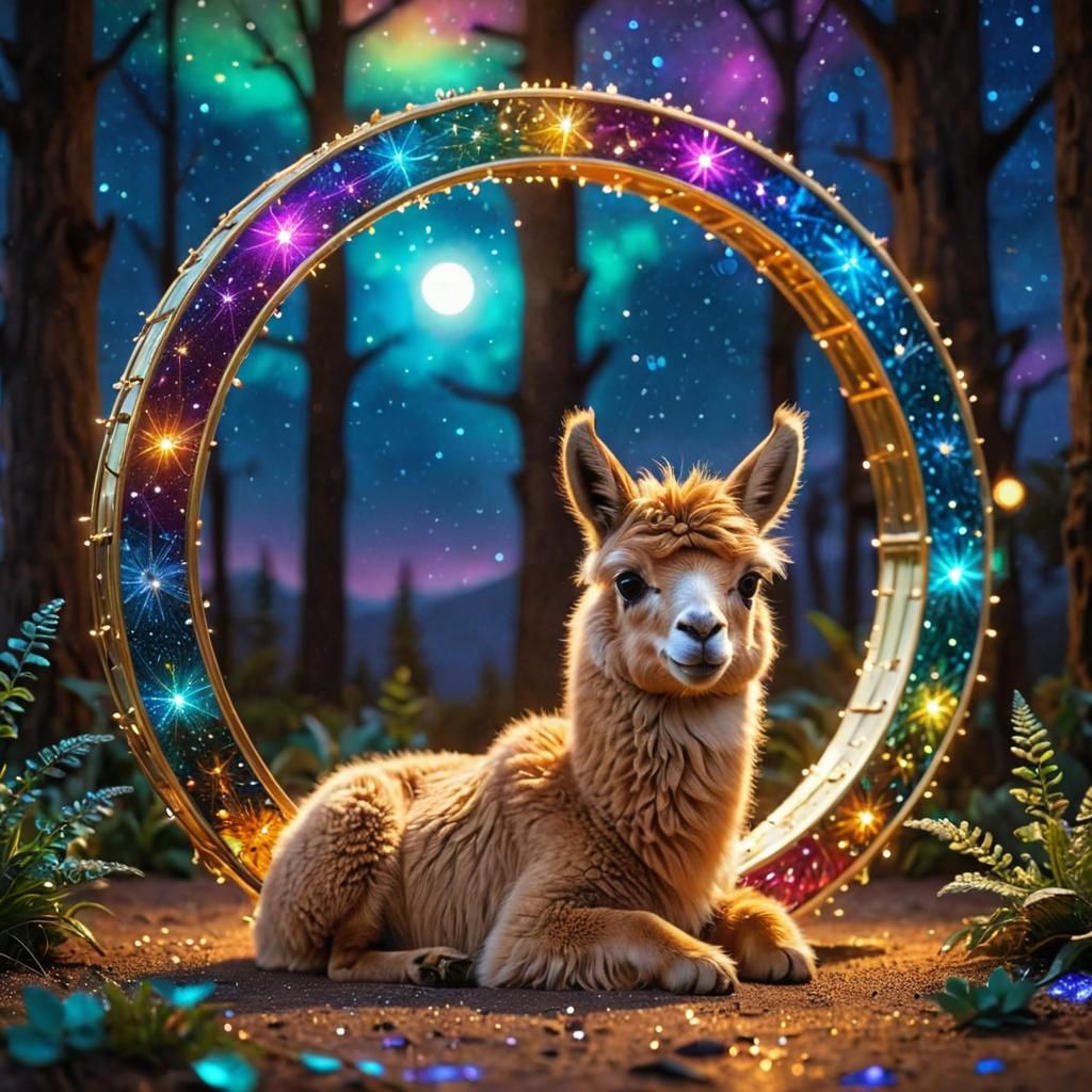 Iridescent Golden Llama in Celestial Ring, 3D Render