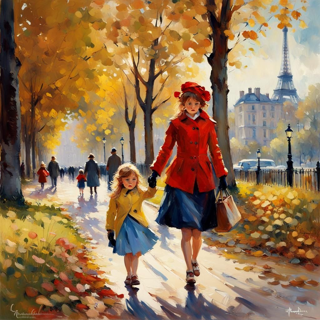 Parisian Stroll: Woman and Girl in Autumn, 3D Watercolor