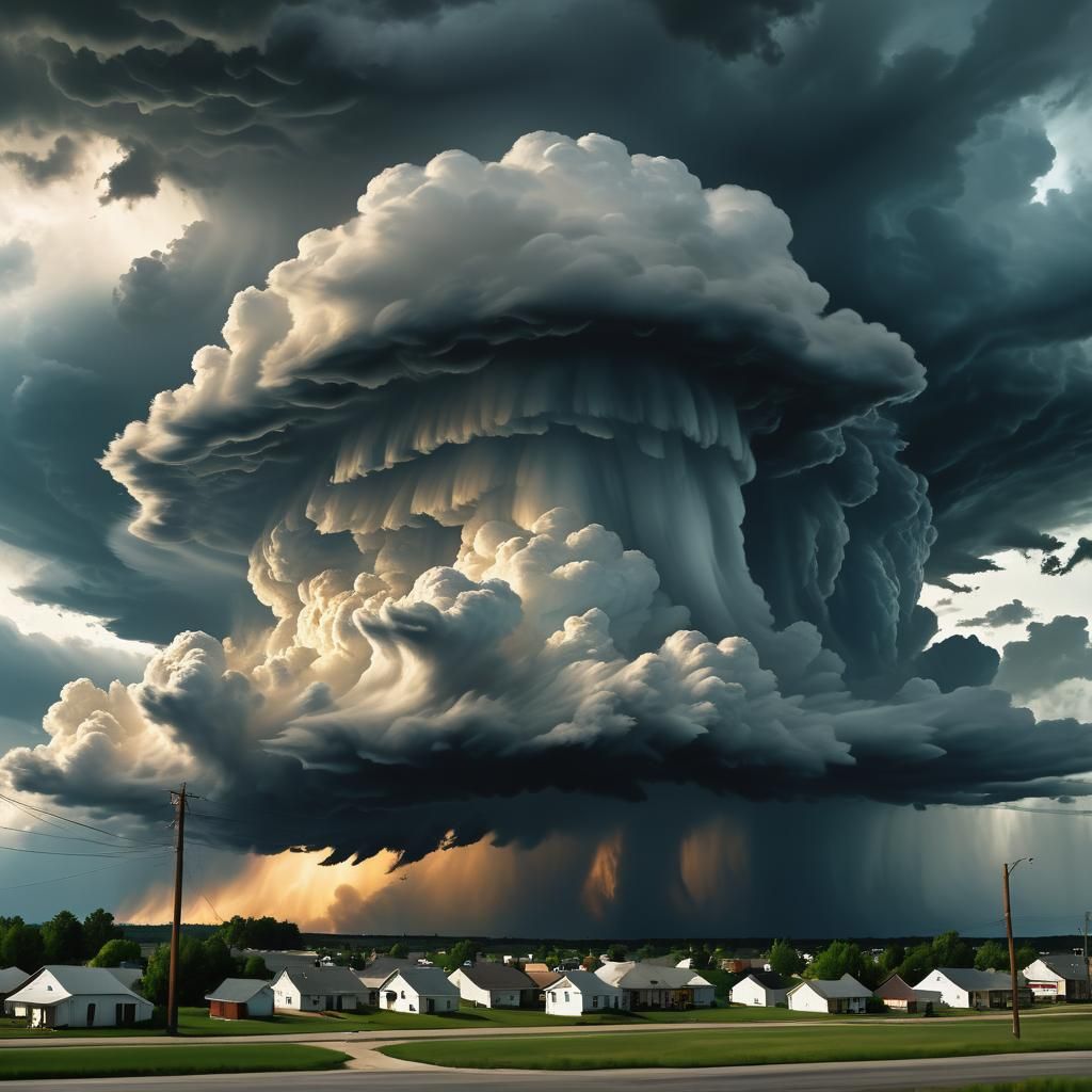 Shelf Cloud Over Town in Oil Painting Style
