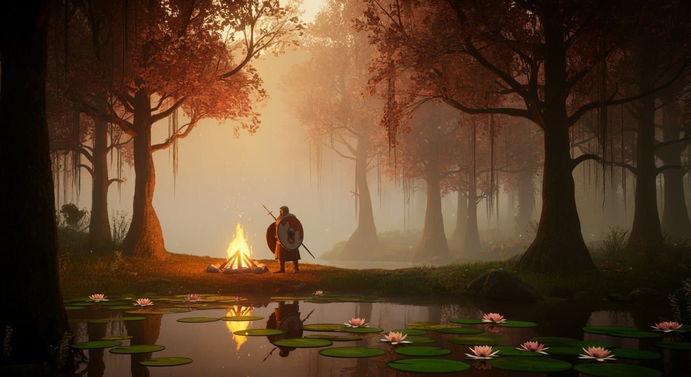 Medieval Warrior in Mystical Forest at Golden Hour