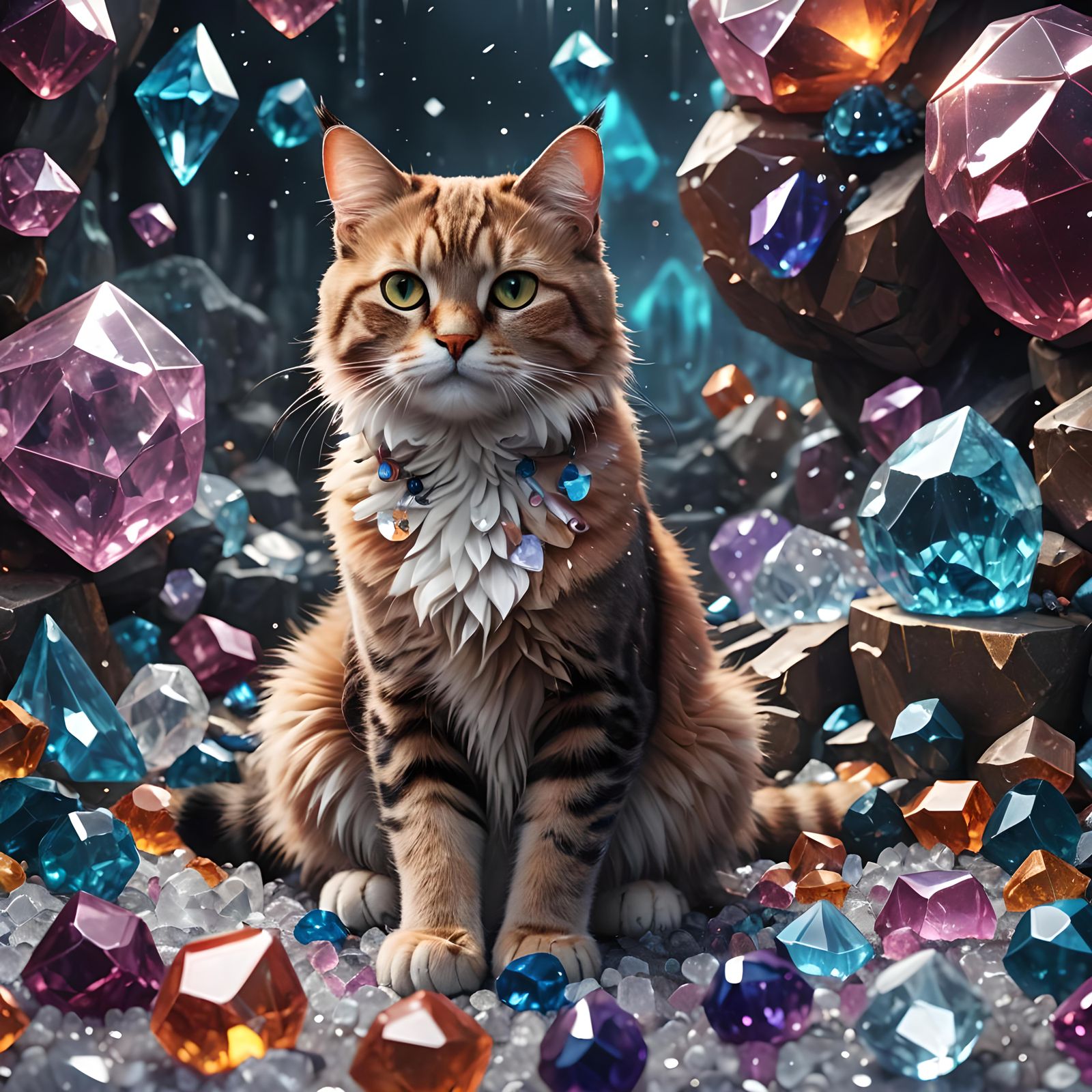 Cat Surrounded by Crystals: Fantasy Concept Art